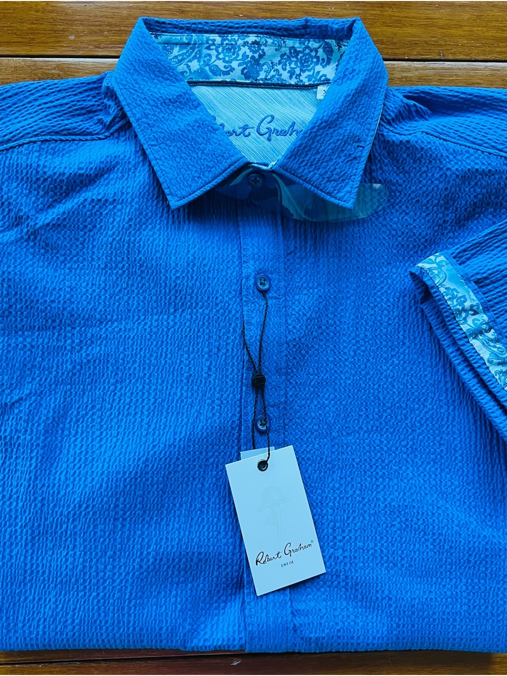 Robert Graham Men’s Seersucker Short Sleeve SZ XL Colbalt Stretch Shirt NWT $188